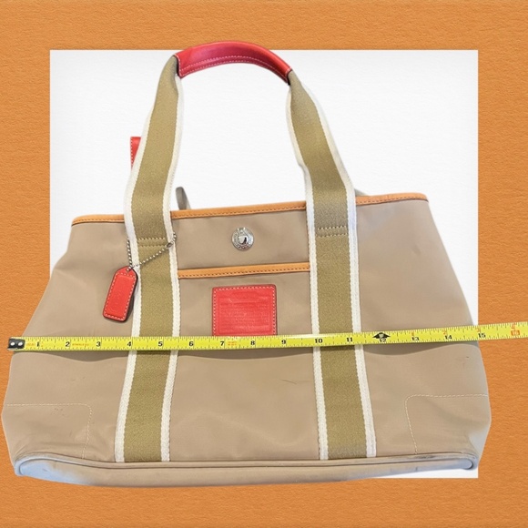 Authentic Coach Nylon Red Leather Trim Tote Bag Style 5656 Tan Shoulder Purse - Picture 13 of 16